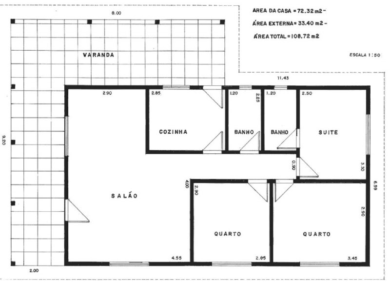 Planta de casa moderna simples com varanda e suíte para quarto de casal