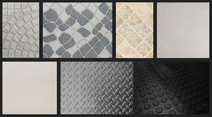 Diversos padrões de piso antiderrapante: cimentíceo, cerâmico, vinílico, metálico e emborrachado