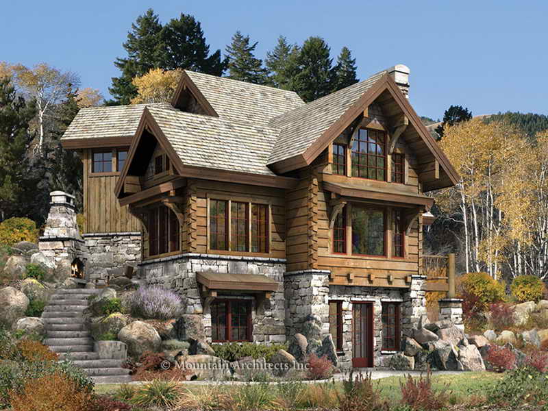 Casa rústica de madeira com base de pedra, no estilo americano