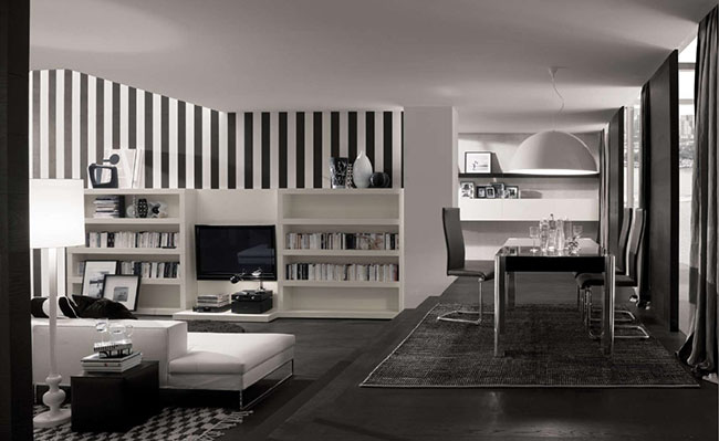 Sala de estar decorada com listras em preto e branco