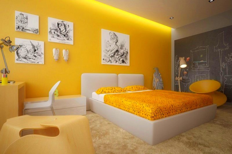 quarto com parede amarela