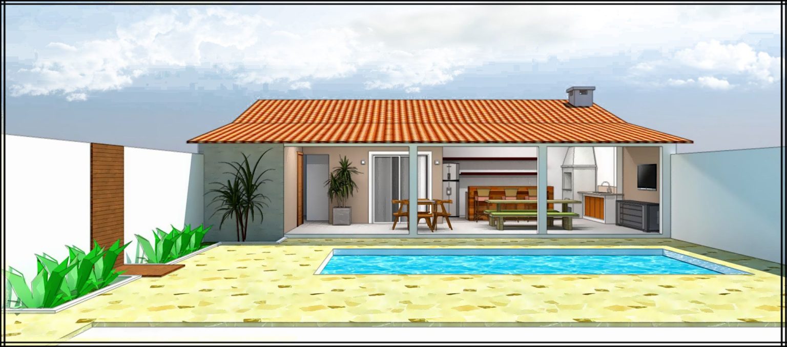 Edícula Com Piscina → em L, Pequena, com Churrasqueira, Plantas